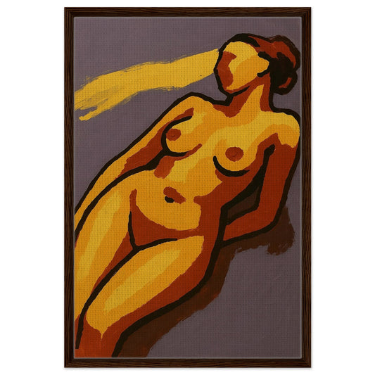 Abstract figurative goddess in light on framed canvas, purple and gold tones, dark wood frame, portrait orientation