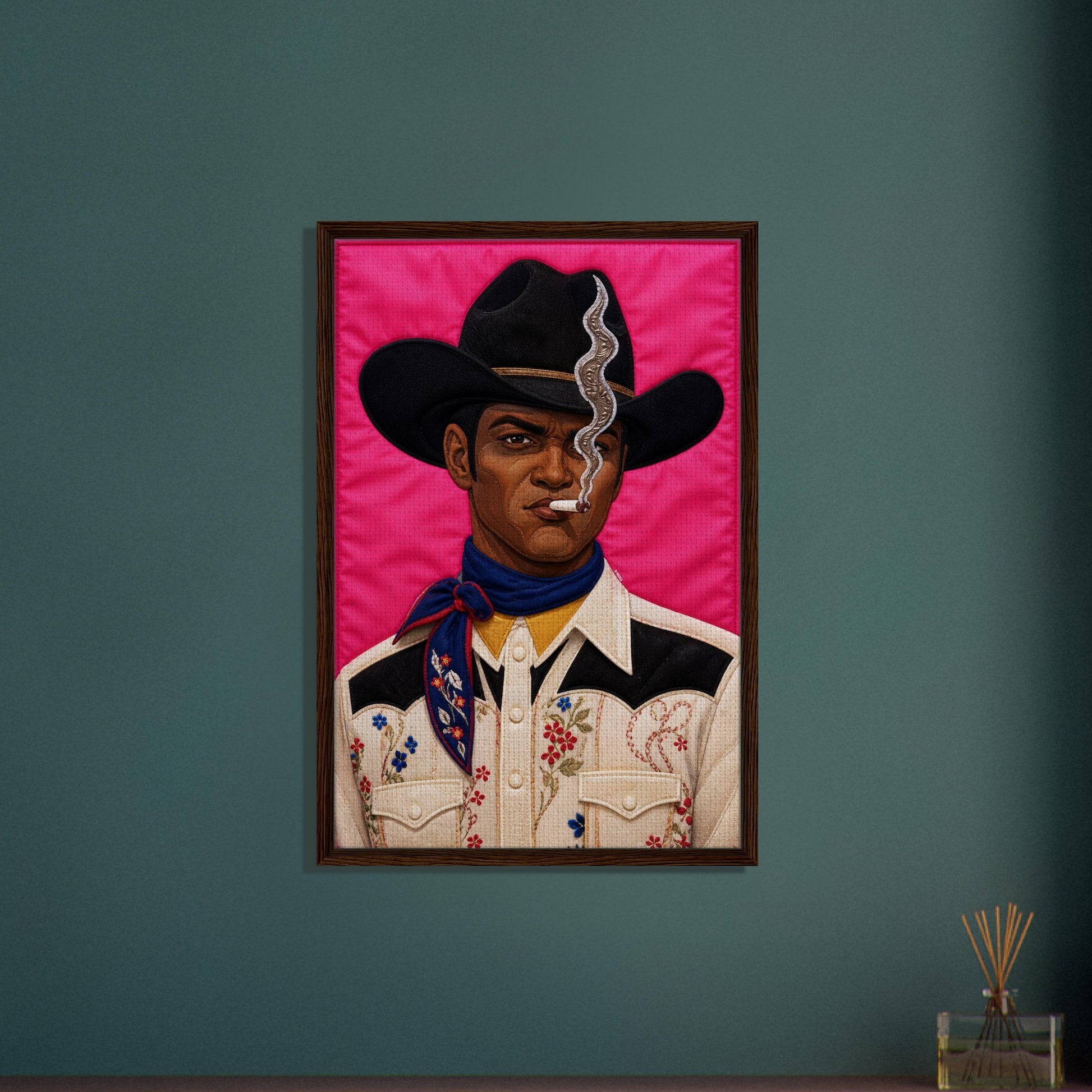 Pink Outlaw Cowboy Framed Canvas Quilt-Inspired Western Portrait