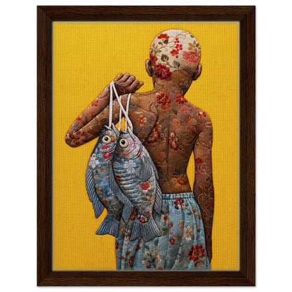 Golden Catch Framed Canvas Quilt-Inspired Folk-Art
