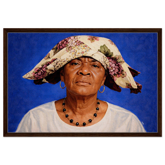 Keeper of Stories photorealistic framed canvas portrait on blue backdrop with floral headwrap, gold hoops, dark wood frame.