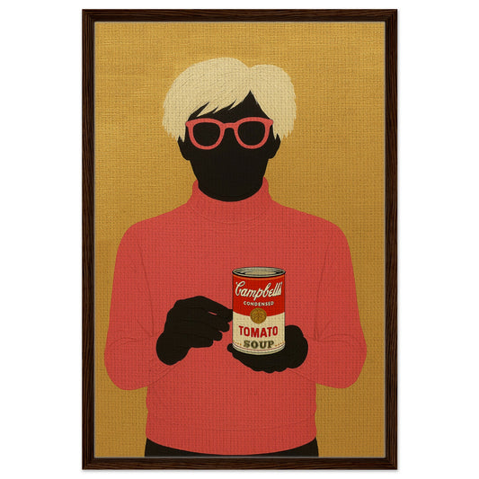 Framed pop-art canvas with a black-silhouette figure in a red turtleneck, light blond hair, and red glasses holding a Campbell's Condensed Tomato Soup can against a textured mustard-yellow background, in a dark wood frame.