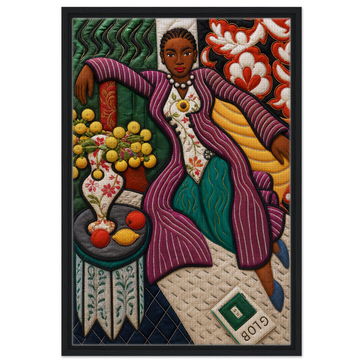 Citrus Lounge Framed Canvas Afrocentric Quilt-Inspired Portrait