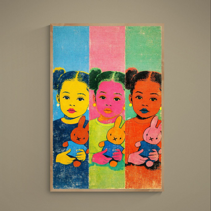 Pop art triptych poster of a girl holding a stuffed bunny in bold color-block panels