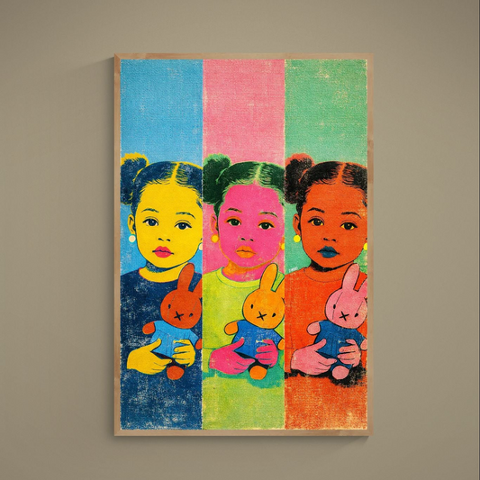 Pop art triptych poster of a girl holding a stuffed bunny in bold color-block panels