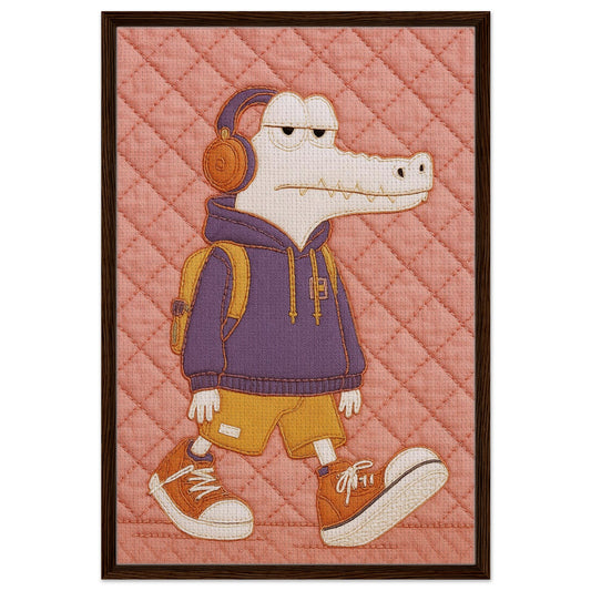 Street crocodile quilt-inspired framed canvas with black wood frame and pink stitched texture, portrait orientation.