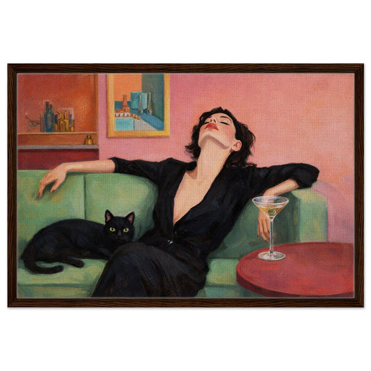 Martini at dusk framed canvas print with reclining woman and black cat in retro bar scene, dark wood frame, landscape
