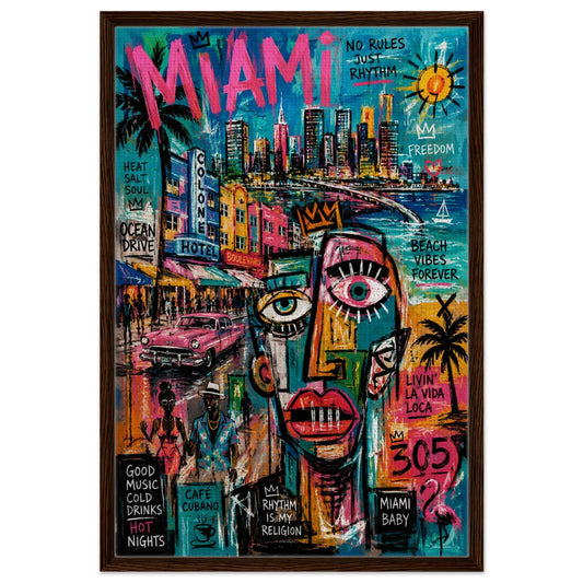 Miami street canvas print in neon graffiti style with 305, skyline, palms, retro car, dark wood frame, rhythm theme