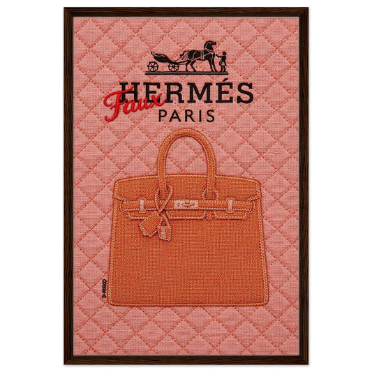 Portrait framed canvas print, Quilted Dreams: quilt-inspired pop-art handbag on pink quilted background with dark wood frame.