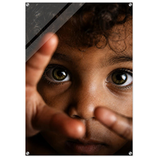 Wall art acrylic print of a close-up child portrait, high-gloss face mount with metal standoffs, Little Wonder