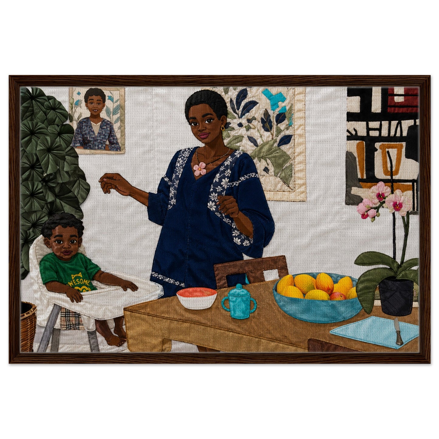 Framed canvas wall art of a Black mother and child at a kitchen table, quilt-inspired, family portrait in dark wood frame