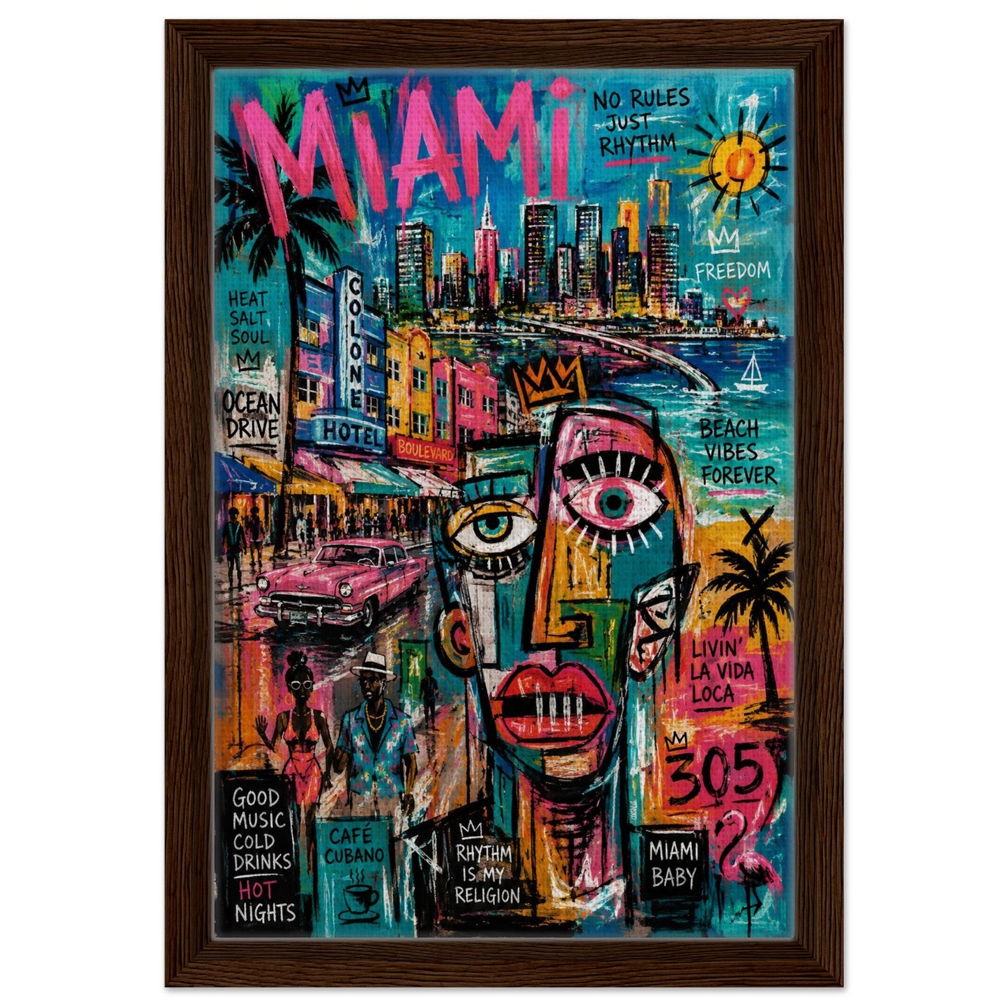Miami Rhythm 305 Framed Canvas Neon-Graffiti Urban-Pop - Neo-Pop Style
