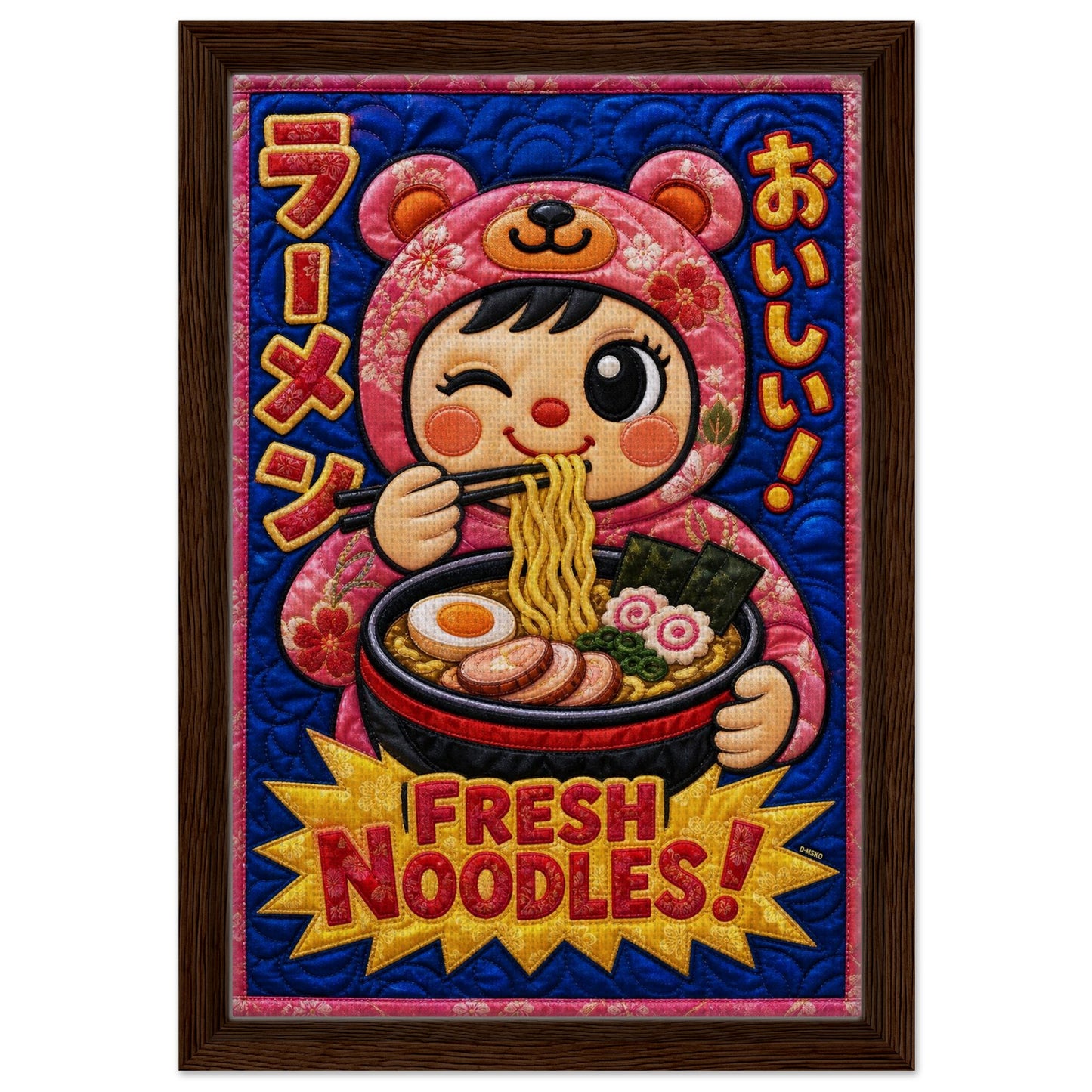 Fresh Noodles Framed Canvas Quilt-Inspired Kawaii-Style