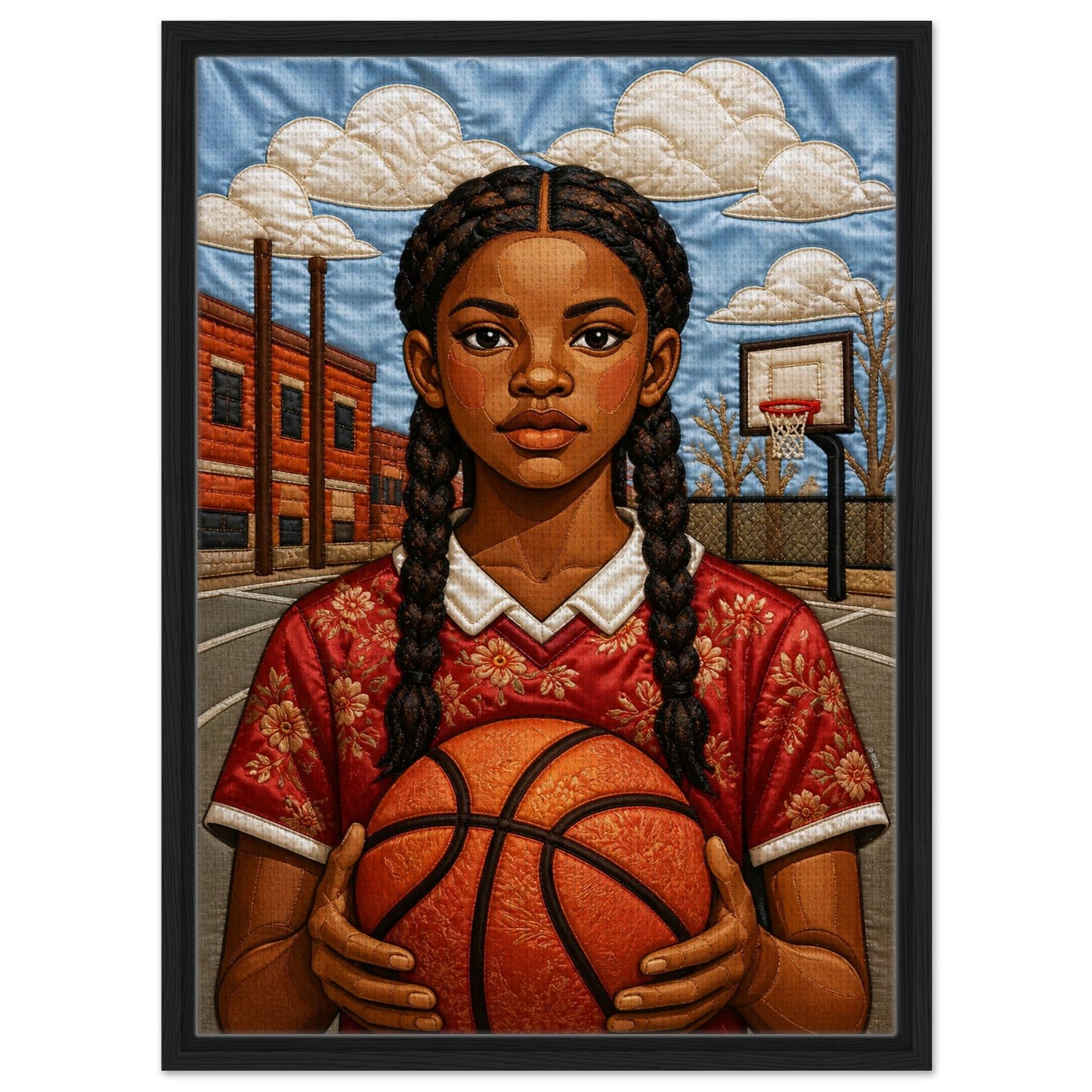 Museum-quality matte poster of quilt-inspired Black girl basketball