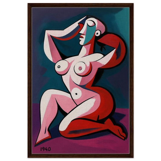 Vivid cubist woman on framed canvas, portrait orientation, bold pink, red and turquoise with dark wood frame