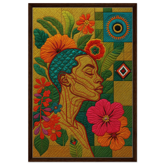 Botanical soulscape framed canvas print, Art Nouveau profile amid flowers, checker and mosaic panels, turquoise and gold
