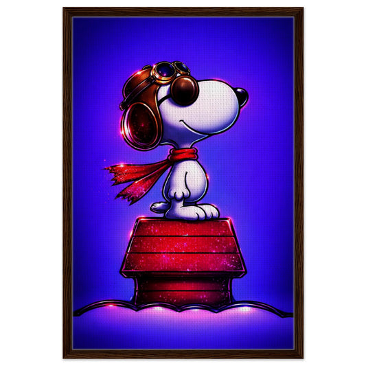 Aviator dog in neon pop art, framed canvas print; goggles, scarf, blue‑purple sky, red doghouse, dark wood frame