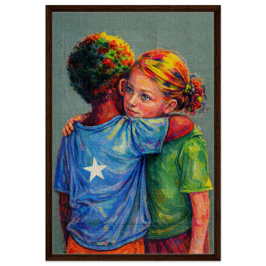 No Words Needed framed canvas, high-saturation Fauvist painting of two children hugging, dark wood frame