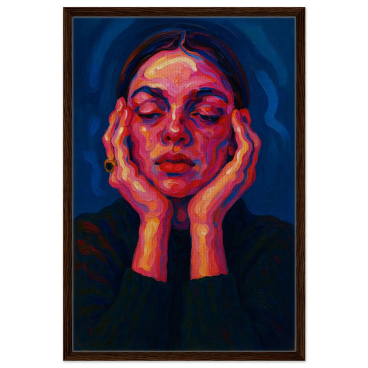 Inner glow framed canvas print, expressionist female portrait, eyes closed; warm hues, black frame, blue background.
