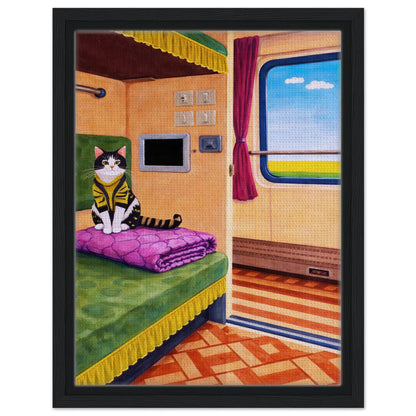 Cat on Train Framed Canvas Retro-Whimsical - Mid-Century Style