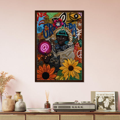 Neon Oracle Black Child Framed Canvas Quilt-Inspired Afrocentric