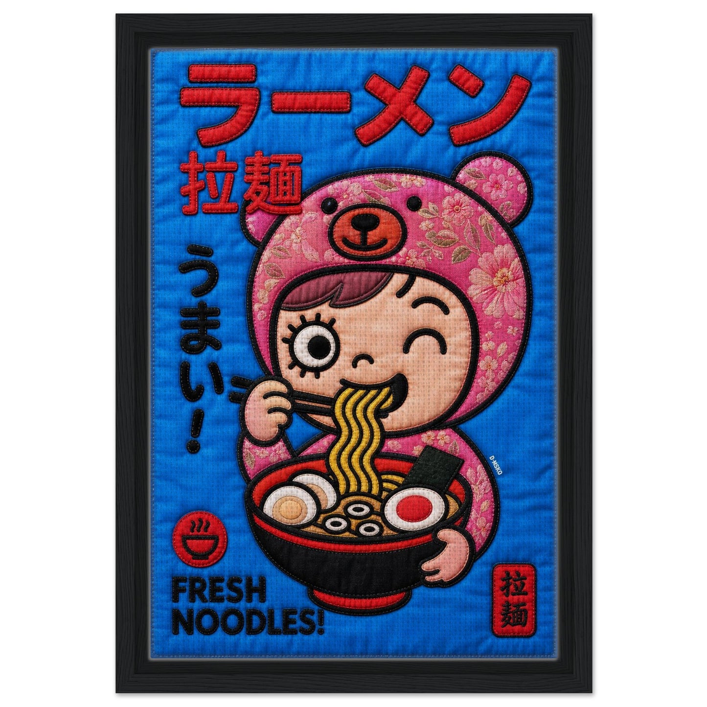 Kawaii Ramen Bear Framed Canvas Quilt-Inspired Pop-Art