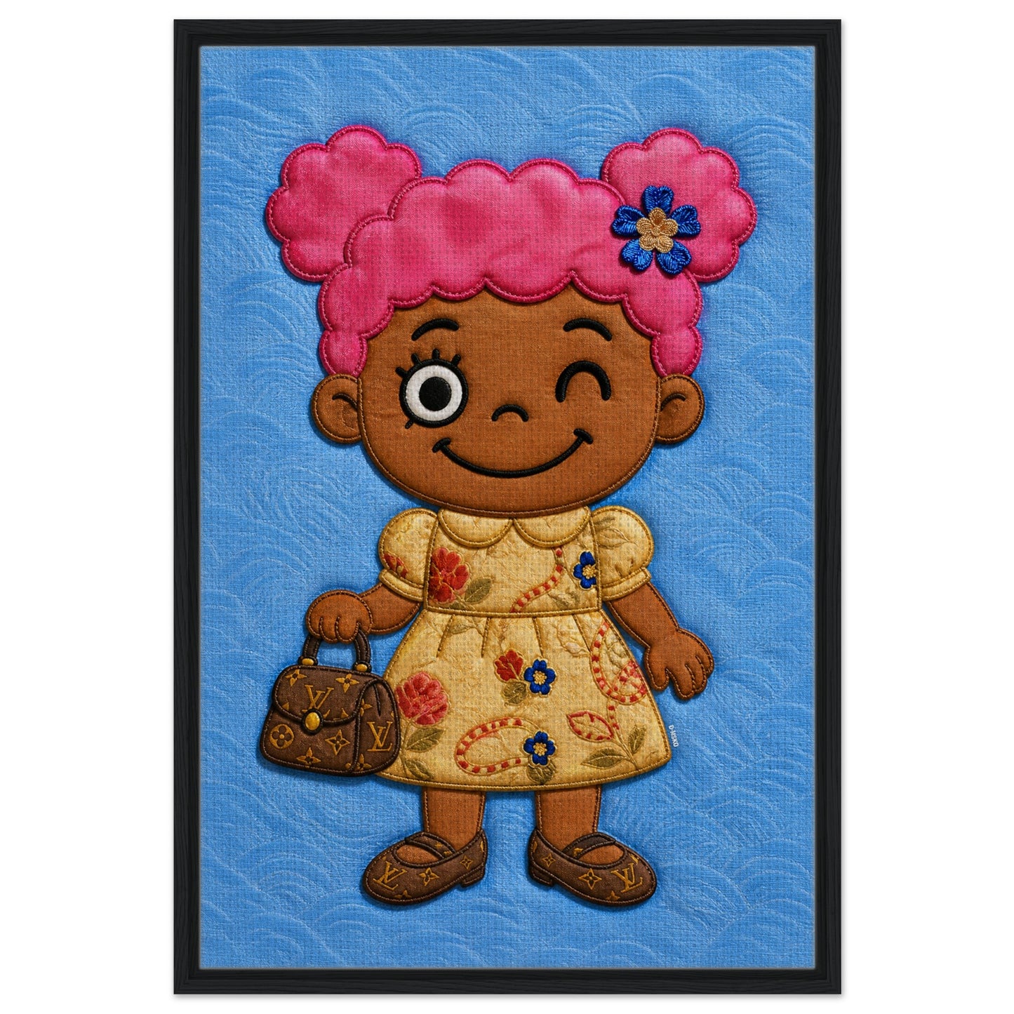 Pink Pigtails Framed Canvas Quilted-Style Kawaii-Style - Pop Art