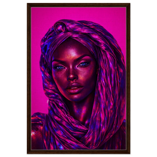 Magenta Nights framed canvas, high contrast neon noir female portrait with headwrap in a dark wood frame