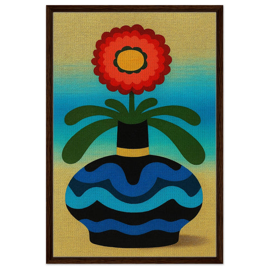 Sunlit bloom framed canvas, mid-century pop art flower with red blossom, turquoise vase, and slim black wood frame.