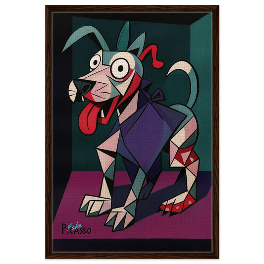 Cubist abstract dog on framed canvas, portrait layout, bold color blocks with black wood frame