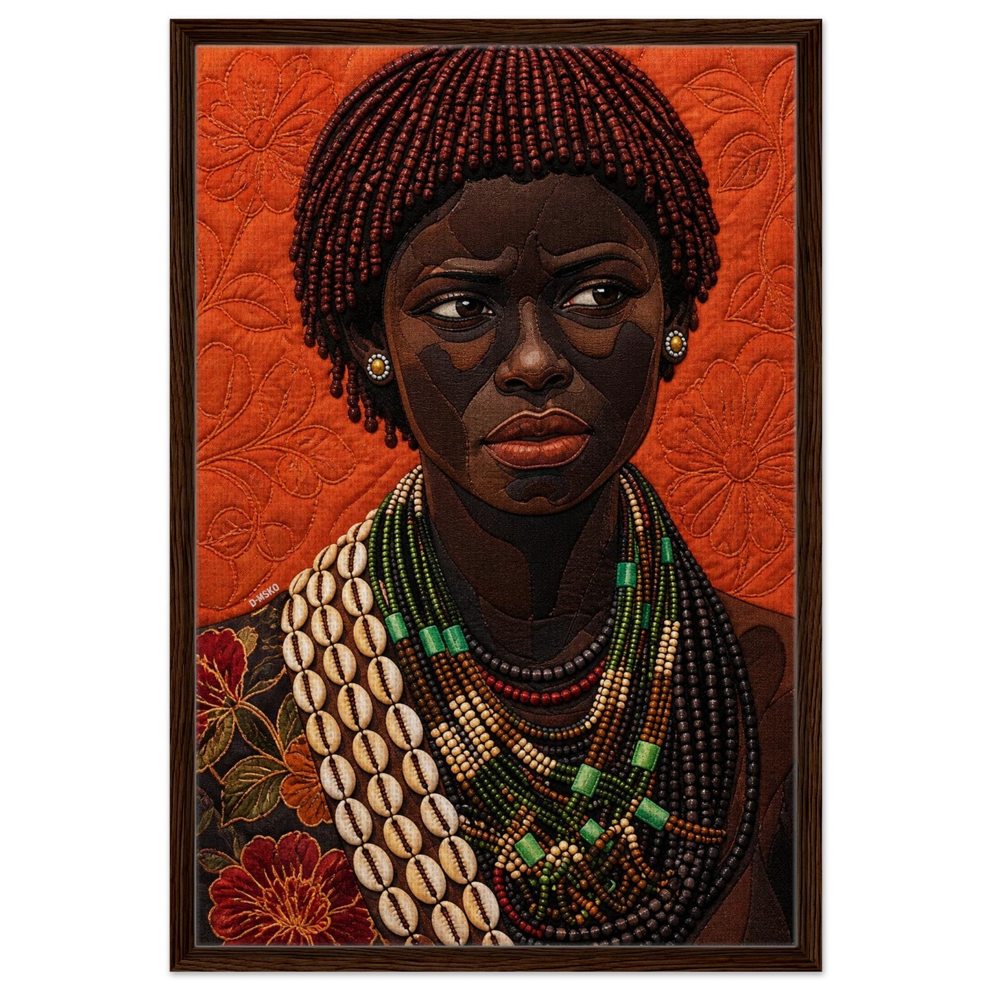 Framed canvas beaded portrait of a Black woman on quilt-inspired background with cowrie-shell necklace