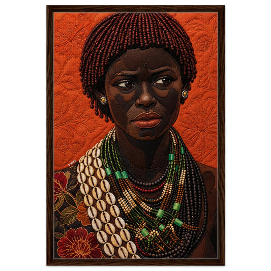 Framed canvas beaded portrait of a Black woman on quilt-inspired background with cowrie-shell necklace