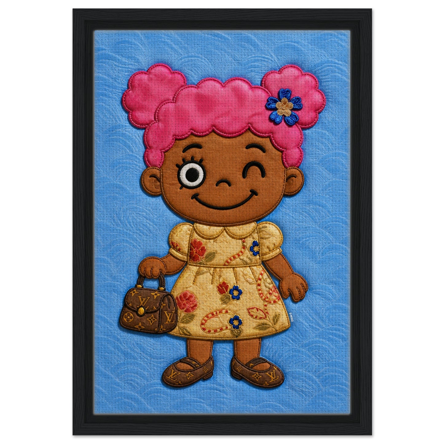 Pink Pigtails Framed Canvas Quilted-Style Kawaii-Style - Pop Art