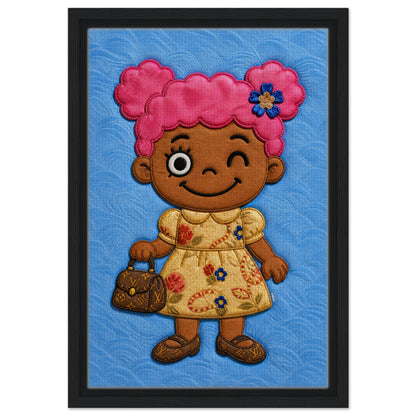 Pink Pigtails Framed Canvas Quilted-Style Kawaii-Style - Pop Art