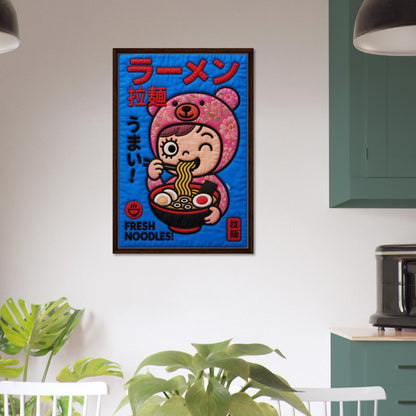 Kawaii Ramen Bear Framed Canvas Quilt-Inspired Pop-Art