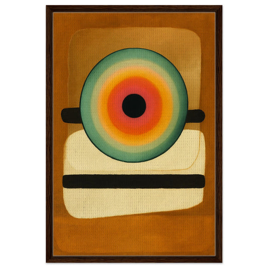 Mid-century pulse color framed canvas with concentric circles in warm earth tones, slim black wood frame, landscape