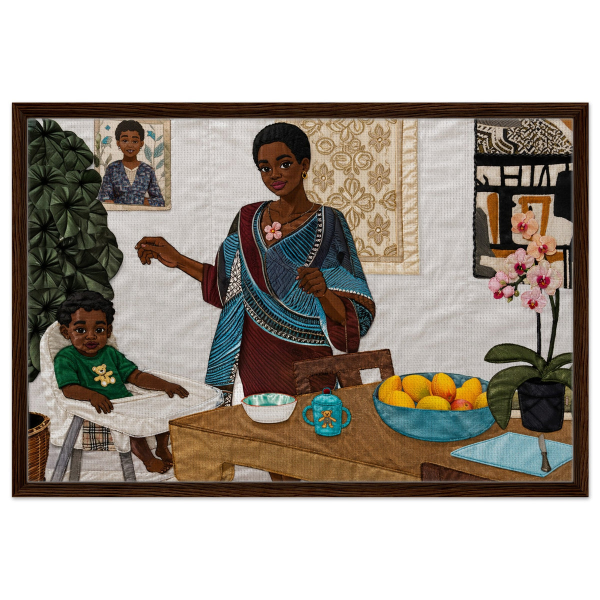 Afrocentric quilted canvas print of a mother and child at a table, framed wall art.