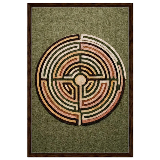 Return to Center framed canvas with labyrinth, centered circular maze in earth tones, dark wood frame.