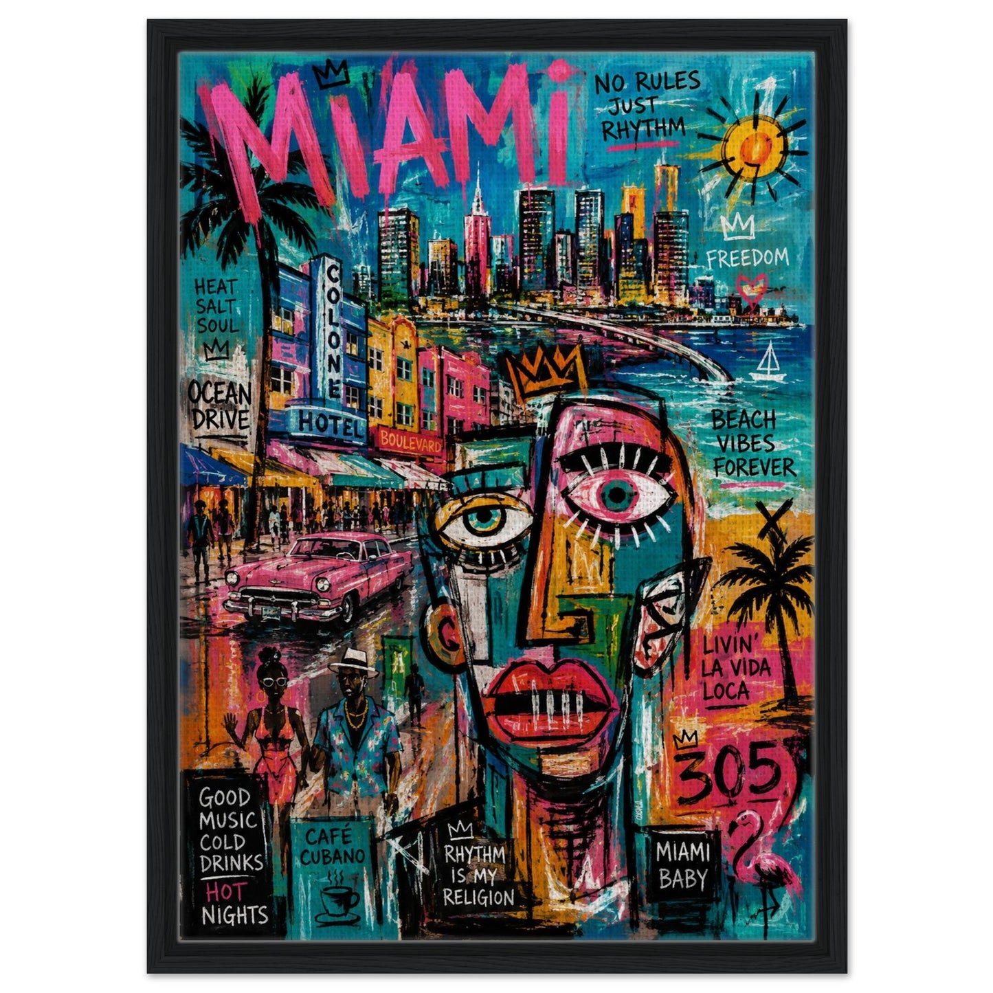 Miami Rhythm 305 Framed Canvas Neon-Graffiti Urban-Pop - Neo-Pop Style