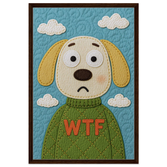 What the Fluff framed canvas quilt-inspired faux-appliqué puppy portrait with turquoise sky and green sweater, wood frame