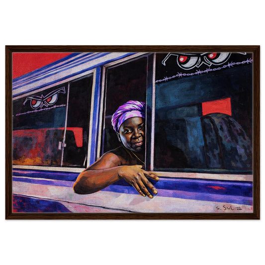 Vibrant framed canvas of a Suriname town bus with woman at window, textured canvas in brown wood frame.