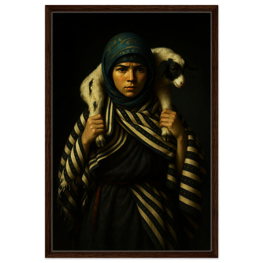 Framed canvas of The Keeper: a shepherd girl gently carrying a lamb, moody chiaroscuro portrait in a black wood frame.