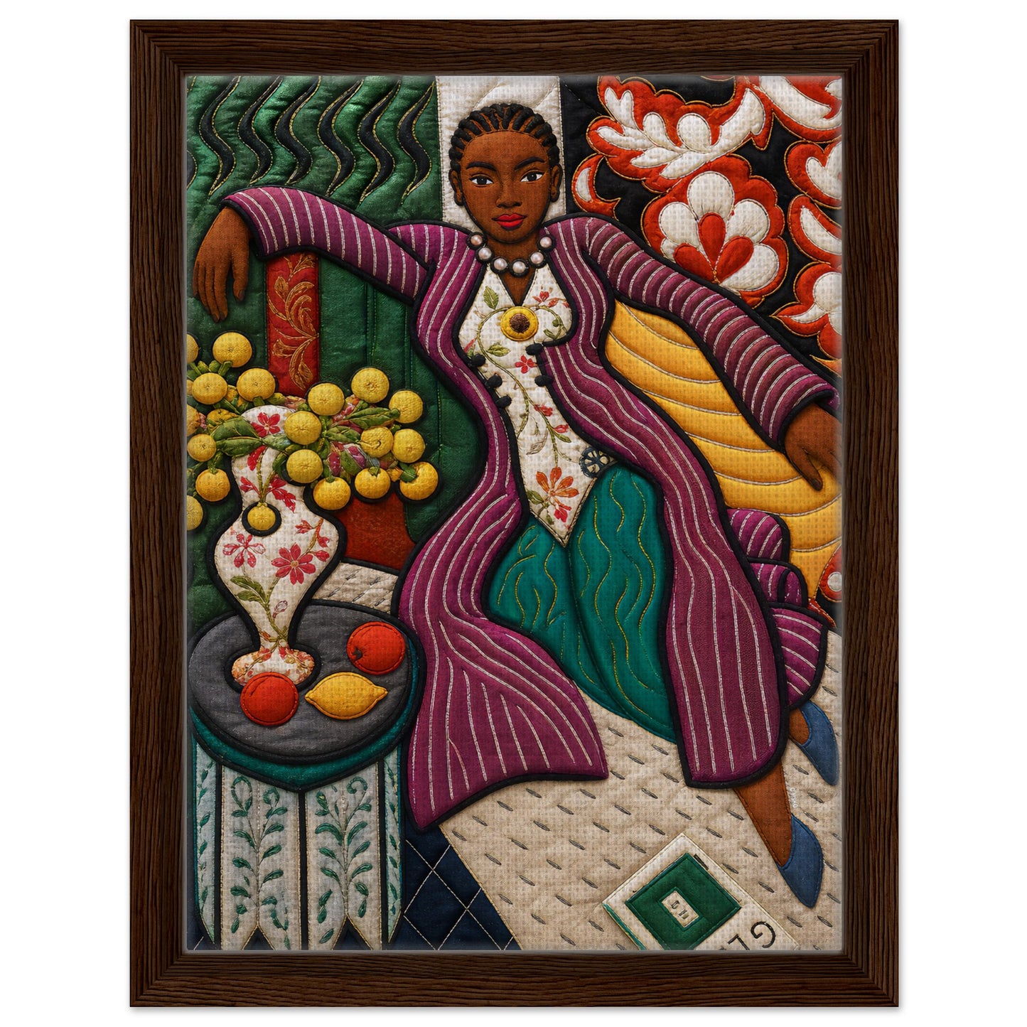 Citrus Lounge Framed Canvas Afrocentric Quilt-Inspired Portrait