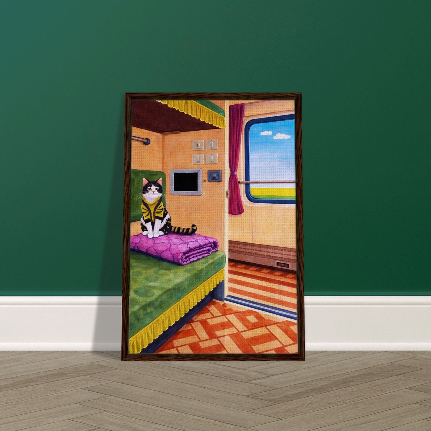 Cat on Train Framed Canvas Retro-Whimsical - Mid-Century Style