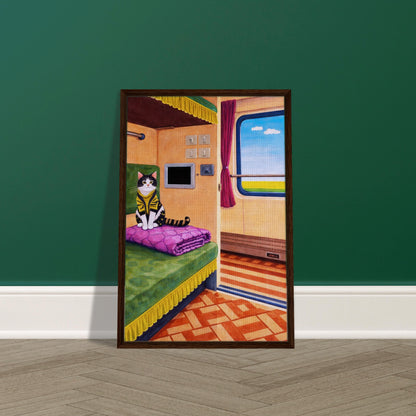Cat on Train Framed Canvas Retro-Whimsical - Mid-Century Style