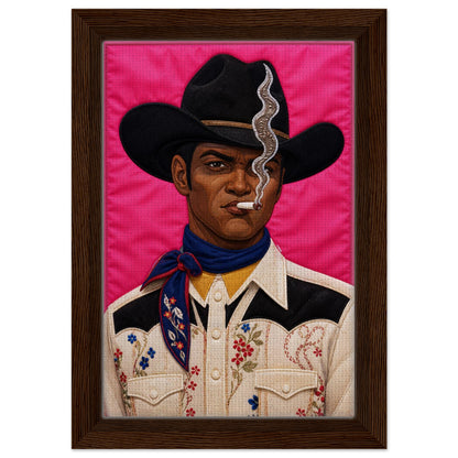 Pink Outlaw Cowboy Framed Canvas Quilt-Inspired Western Portrait