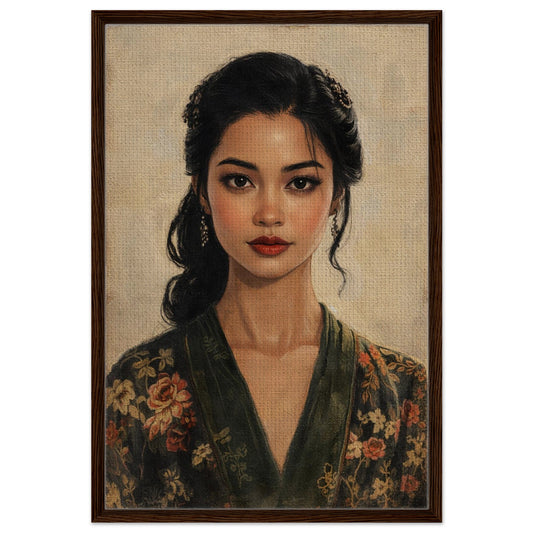 She Already Knows framed canvas, vintage female portrait in floral robe, dark wood frame, beige tones, vertical wall art