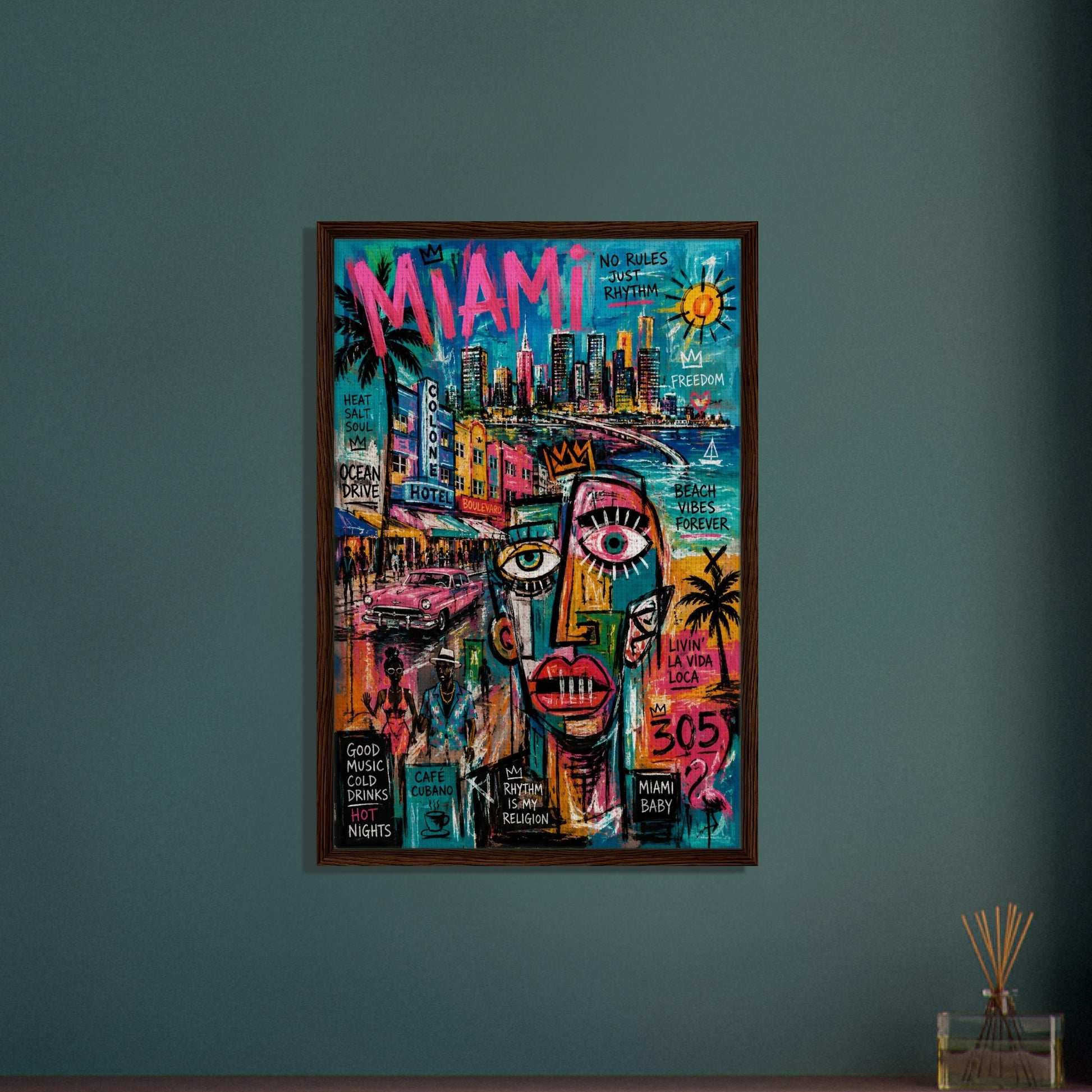 Miami Rhythm 305 Framed Canvas Neon-Graffiti Urban-Pop - Neo-Pop Style