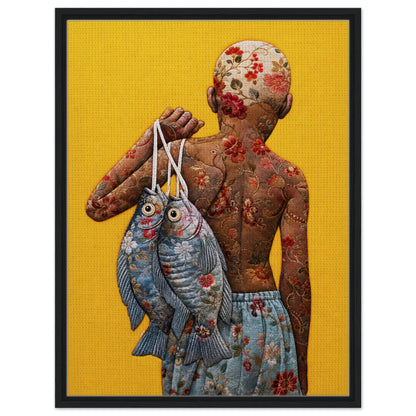 Golden Catch Framed Canvas Quilt-Inspired Folk-Art