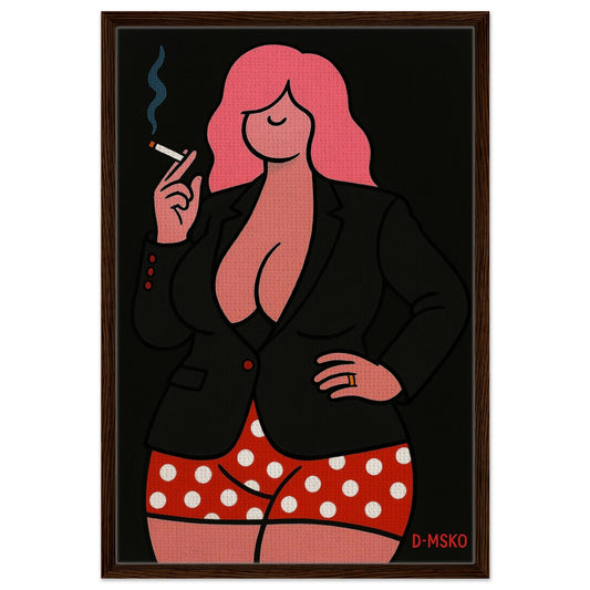 Boss energy pop art framed canvas portrait of a pink-haired figure smoking; dark wood frame, high-contrast black background