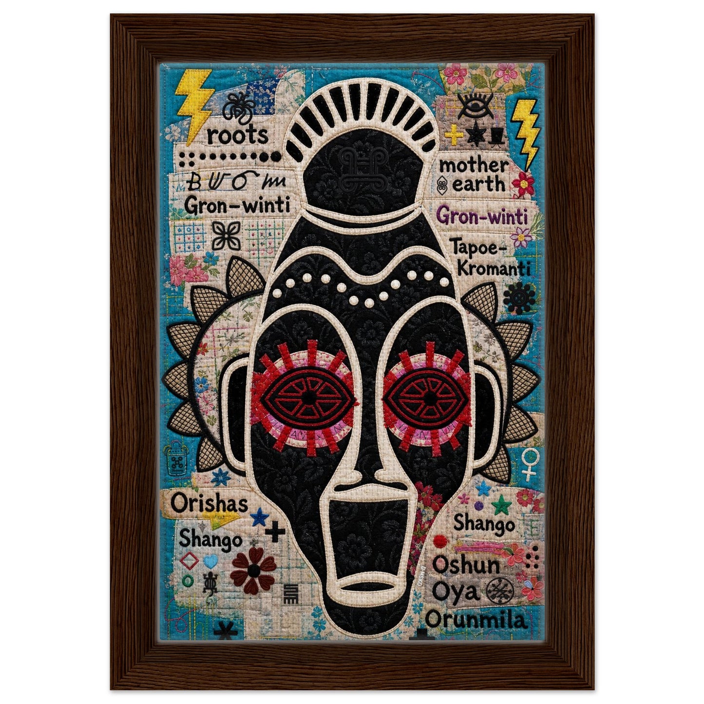 Ancestral Roots Mask Framed Canvas Quilted-Style - Yoruba Orisha Style